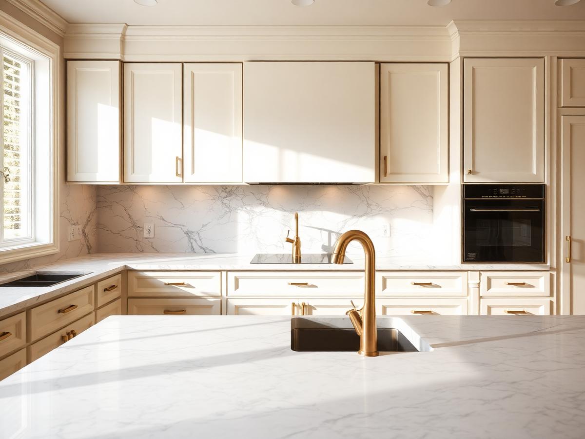 Finished kitchen with marble countertop, ivory cabinetry, and brass faucet
