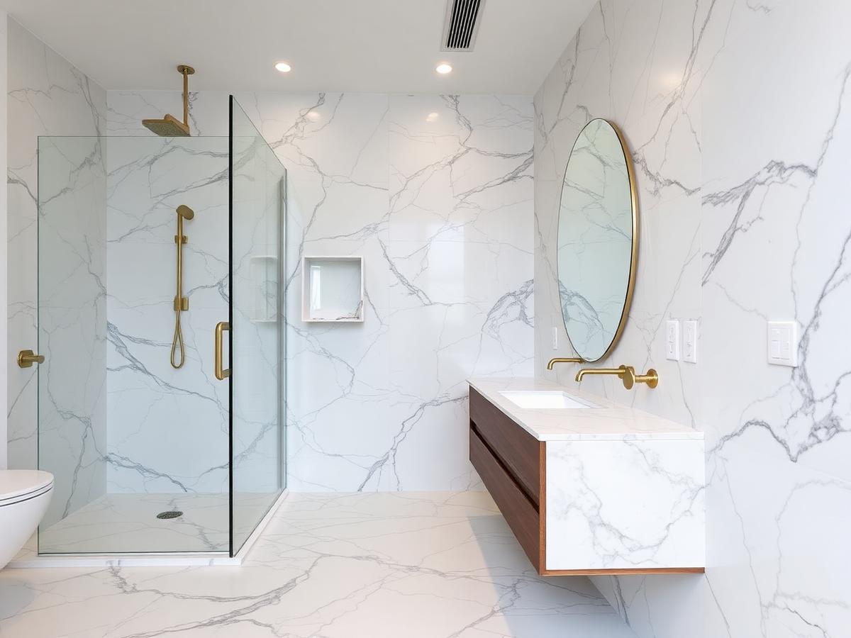 Remodeled bathroom with full-height marble tile and floating walnut vanity