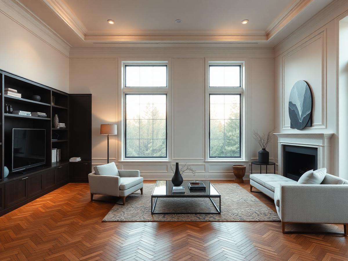 Living room with herringbone wood floor and built-in millwork