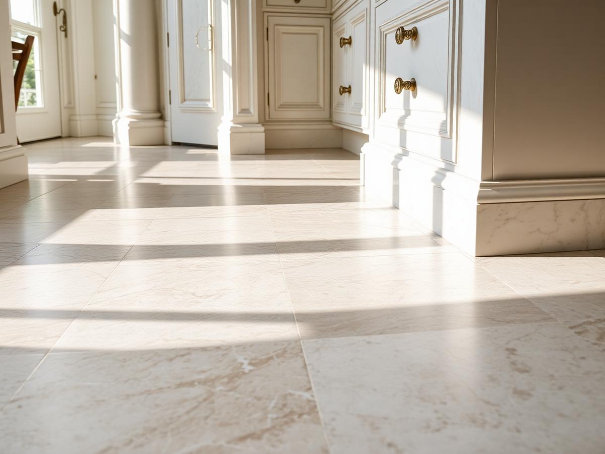 Detail of large-format stone tile flooring meeting custom cabinetry