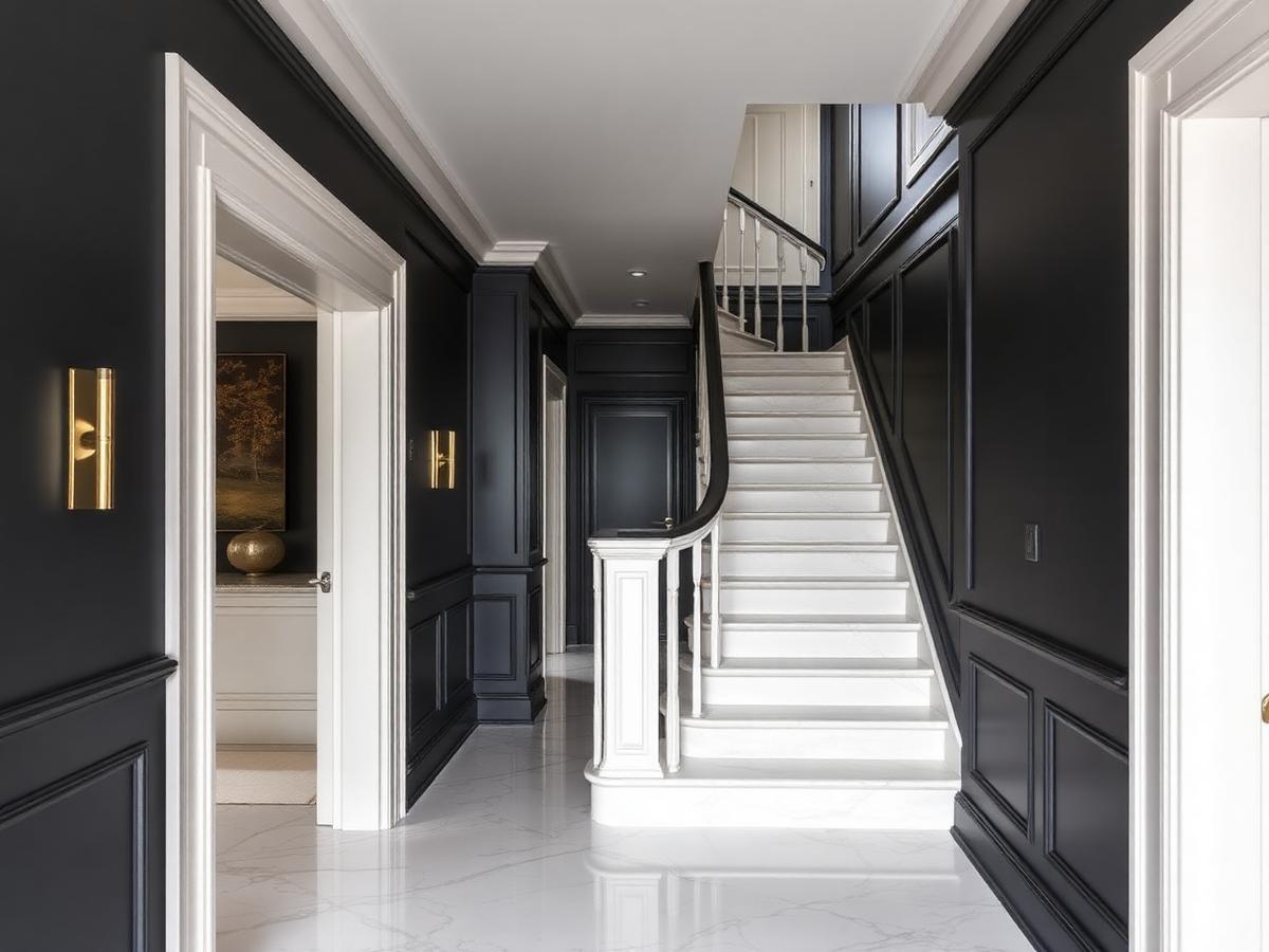 Hallway and staircase with charcoal paneling and marble floor tile