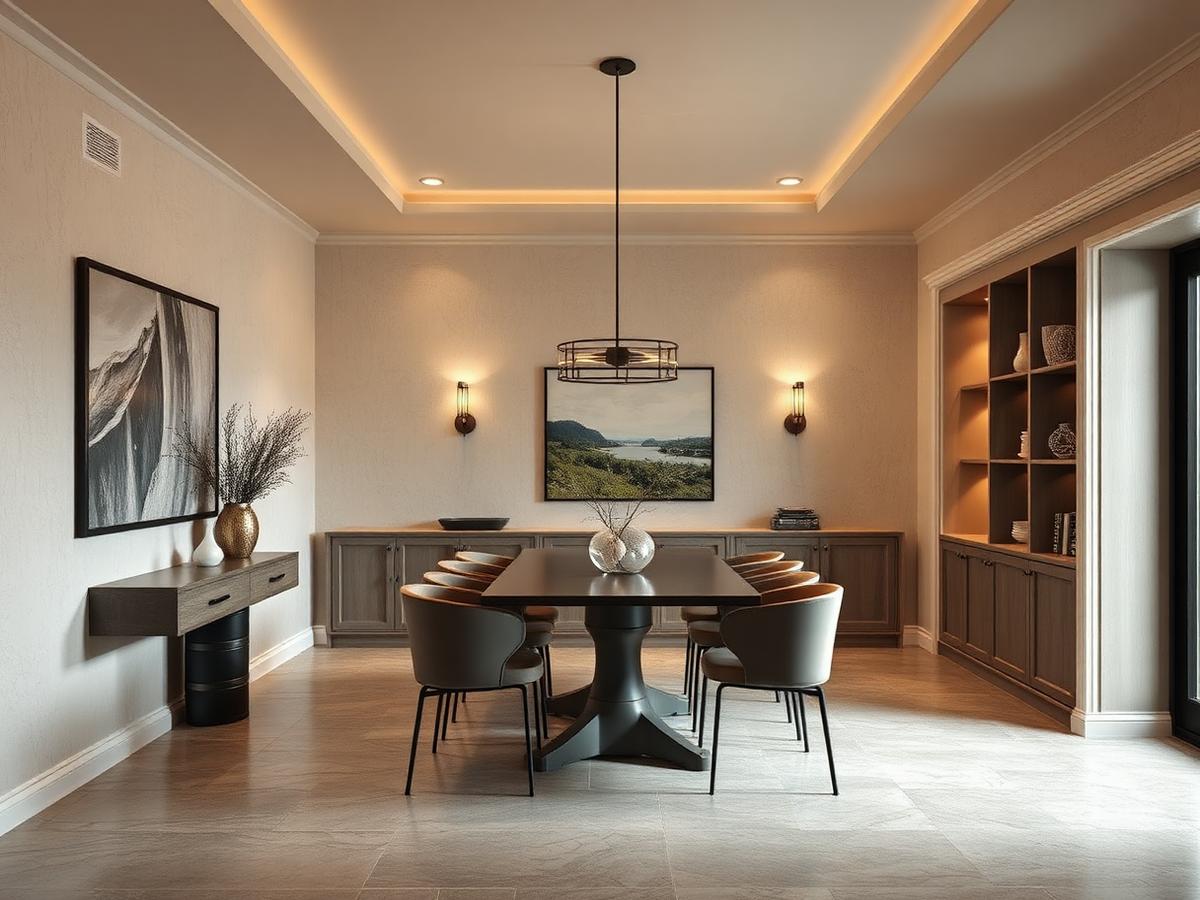 Dining area with textured plaster walls and built-in cabinetry